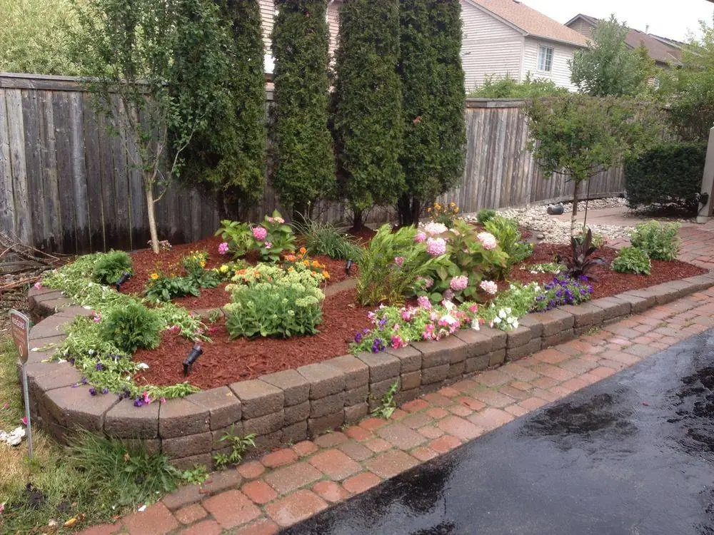 Planted garden bed with a curved stone border