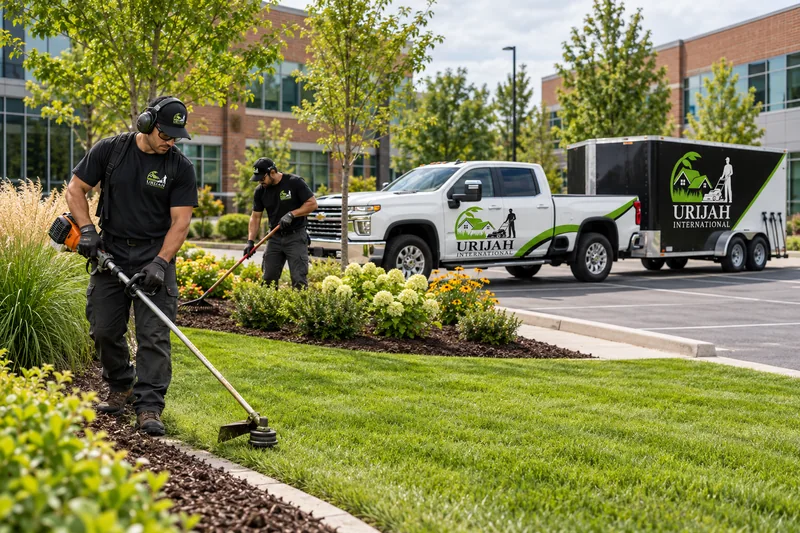 Commercial landscape maintenance illustration with lawn and planting beds