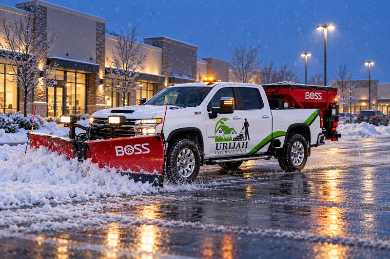 A URIJAH snowplow clearing a shopping plaza at blue hour
